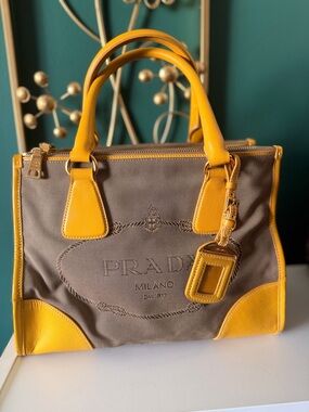 Prada Yellow & Beige Logo Jacquard Leather Bag